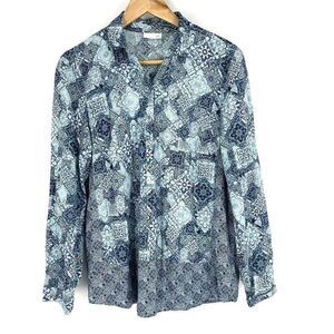 J Jill Top Size Medium Womens Blue Batik Print Blouse Popover Border Trim Rayon